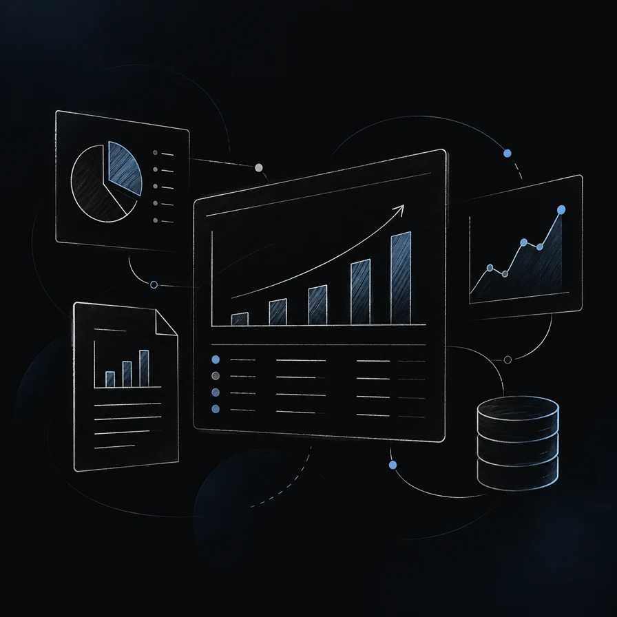Illustration of business records and workflows in white and blue pencil-style diagrams